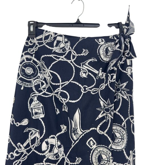 Talbots Vintage Womens Nautical Navy-White Print Wrap Midi Skirt Size 4 Tie Wais - Picture 8 of 15